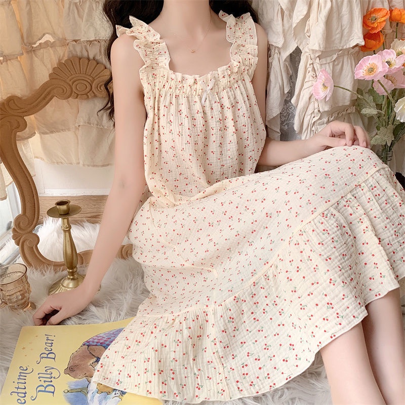 Đầm ngủ 2 dây,váy ngủ hai dây phối bèo chất đũi xốp hoạ tiết dễ thương.