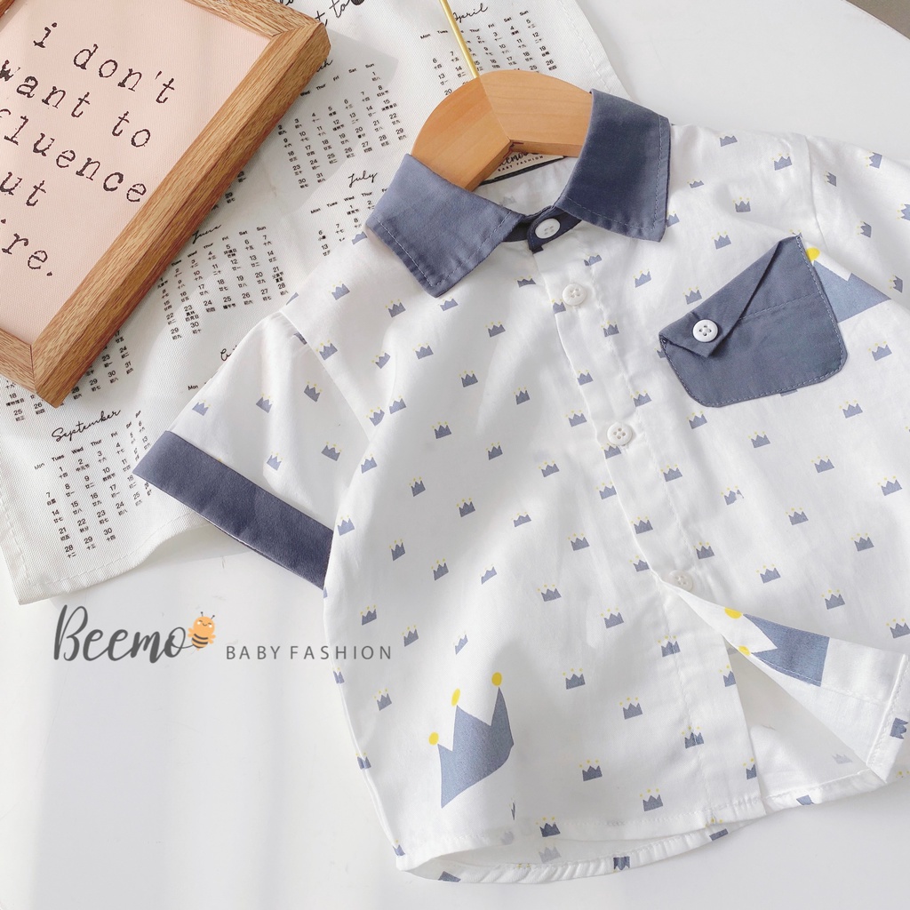 Set bộ sơ mi Beemo cộc tay in hình vương miện thấm hút mồ hôi tốt mặc đi học, đi chơi cho bé từ 1 - 7 tuổi 23419B