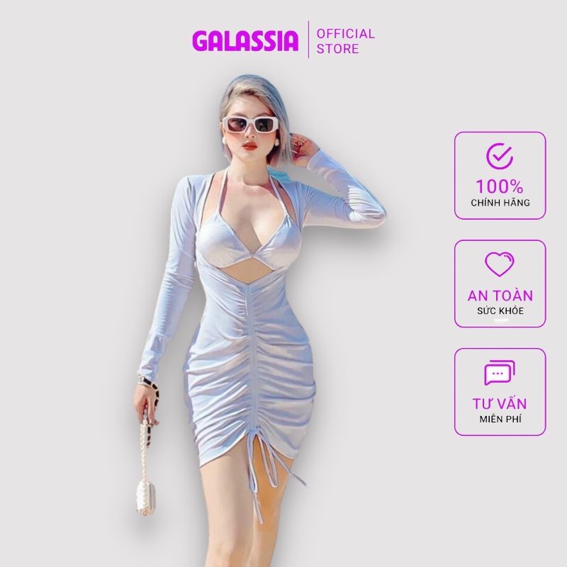 Set bikini 3 mảnh đồ bơi nữ kín đáo sóng loang dài tay liền váy rút dây sexy Galassia