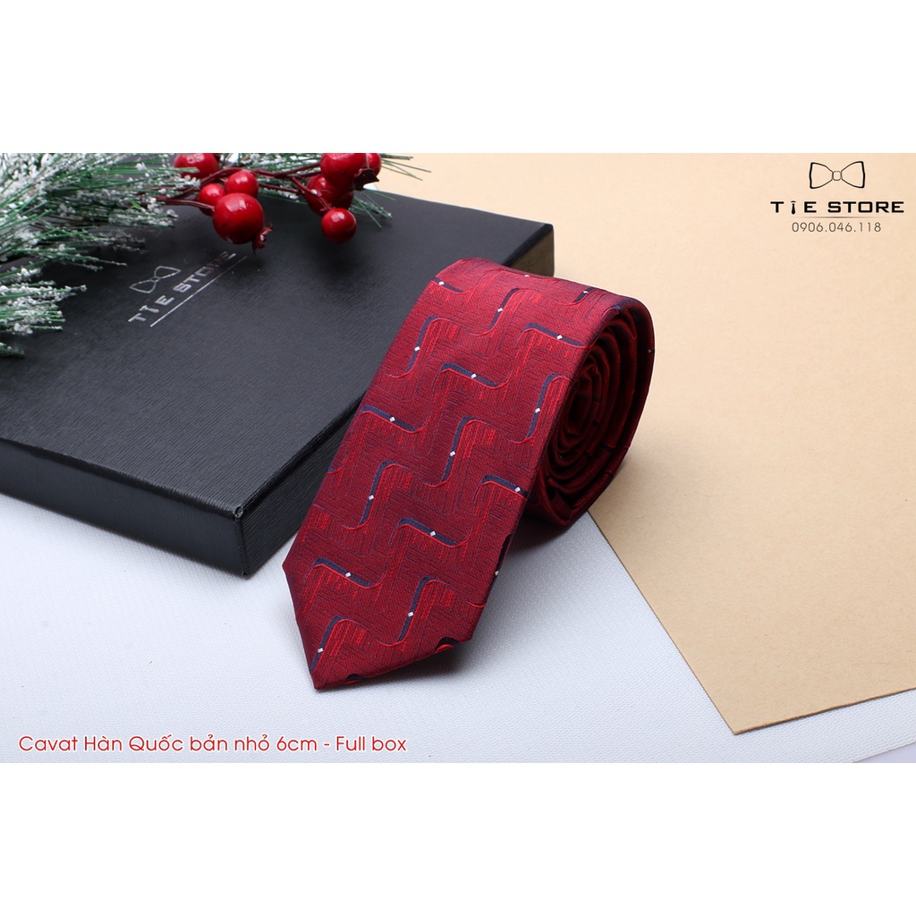 Cà Vạt Nam Bản nhỏ 6cm Màu đỏ kẻ - Cavat Hàn Quốc Dành Cho Chú rể, Công Sở Cao Cấp Full box