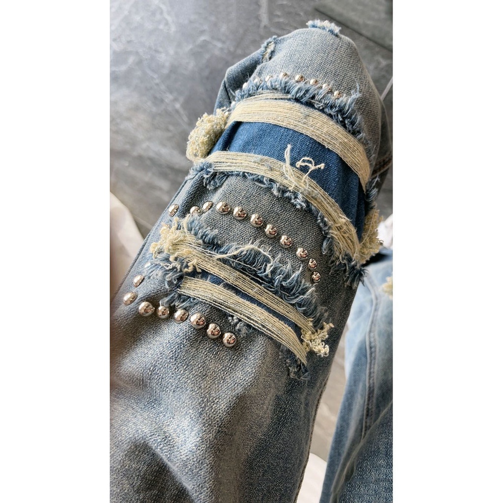 Quần Jean Rách Đính Hạt Giả Nhỏ Phong Cách Mới 2023 Dễ Phối Đồ Cho Nữ