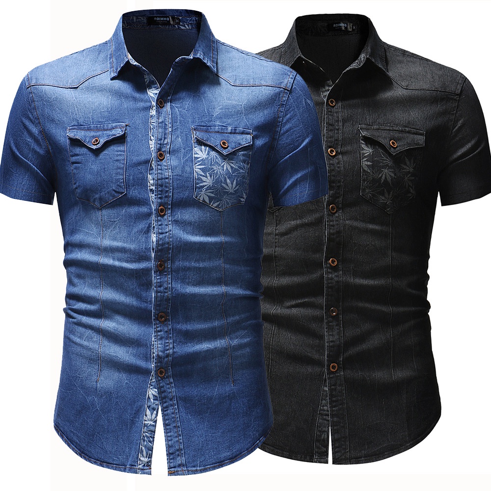 Áo Sơ Mi Denim Ngắn Tay In Họa Tiết Chiếc Lá Phối Túi Thời Trang Cho Nam