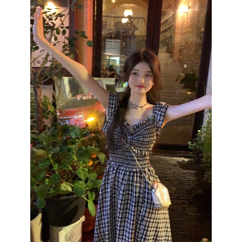 COZOK Đầm Ngắn Tay Cổ Chữ V Phối Bèo Họa Tiết Caro Nữ Tính