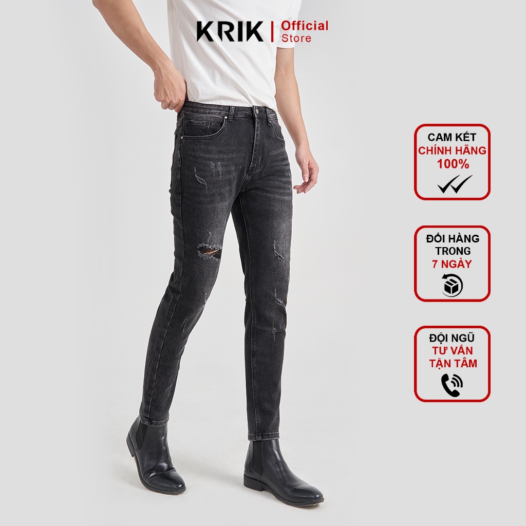 Quần Jean Nam Local Brand KRIK Dáng Slimfit Hàn Quốc, Màu Đen Rách Xước QJ0447