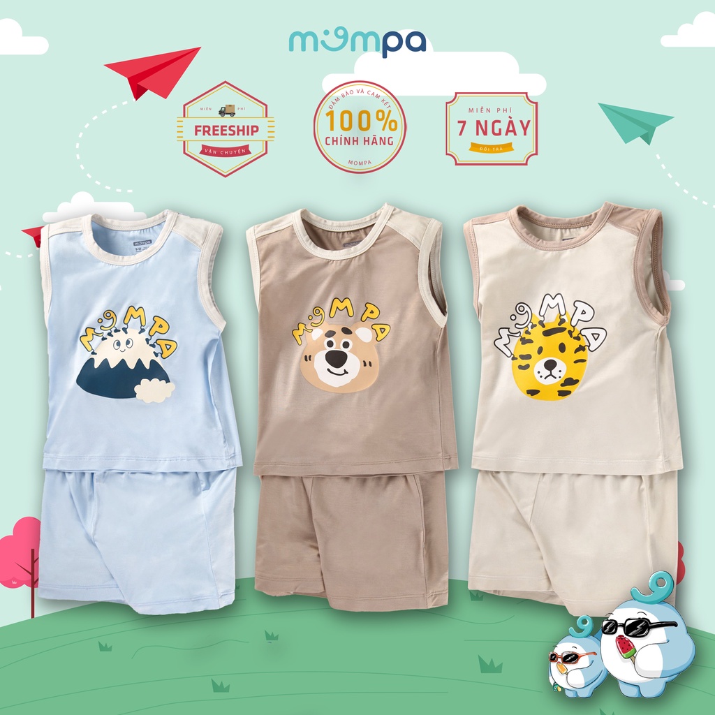 Bộ quần áo ba lỗ cho bé từ 6 tháng đến 4 tuổi Mompa chất vải sợi tre 3 màu lựa chọn MP 218