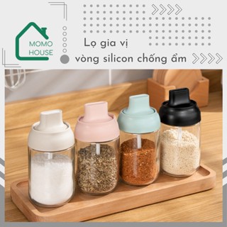 Lọ Đựng Gia Vị Thuỷ Tinh Chống Ẩm MOMOHOUSE 4 Màu Có Thìa Liền Nắp, Bộ Hủ Đựng Gia Vị Nhà Bếp 250ml