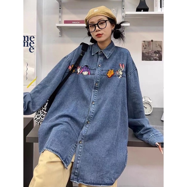 Áo Sơ Mi Bò Nữ Dài Tay Thêu Họa Tiết Gấu Hoạt Hình, áo khoác jean form rộng cá tính đi học đi chơi