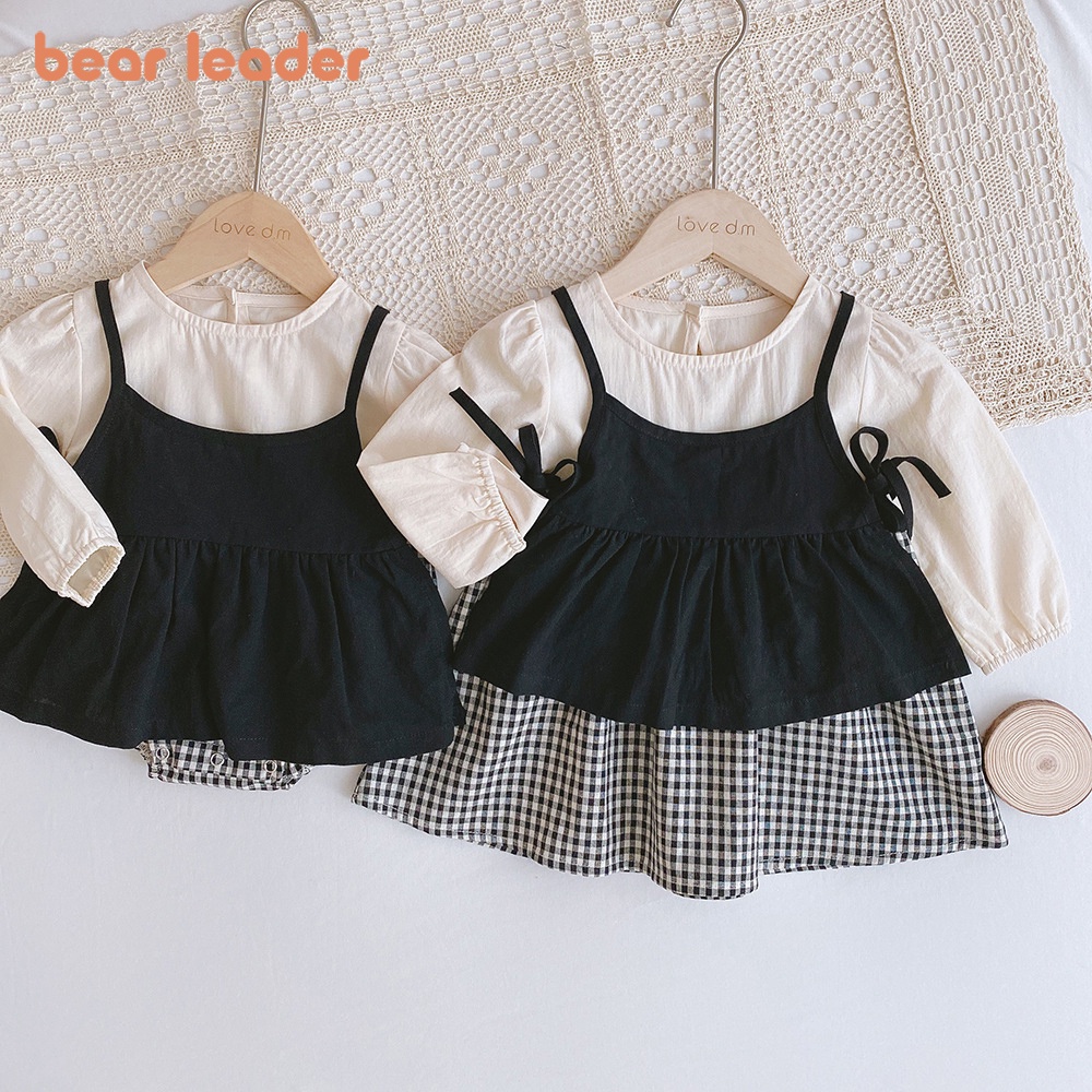 Áo liền quần/ Đầm BEAR LEADER phối họa tiết sọc ca rô thời trang dễ thương dành cho bé gái