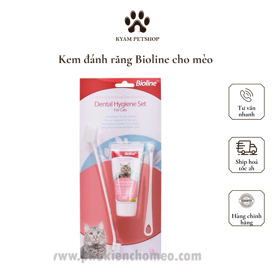 Bộ kem đánh răng Bioline cho mèo vị Phomai 50g kèm bàn chải - Làm sạch mảng bám , giúp trắng răng thơm miệng