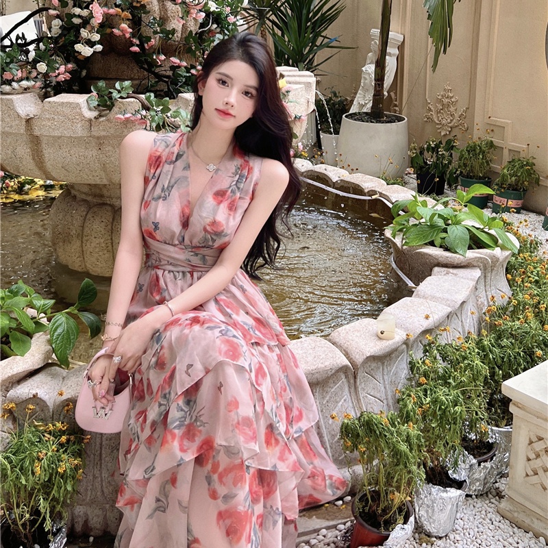 IELGY Đầm Hai Dây Hở Lưng In Họa Tiết Thời Trang Pháp Cho Nữ