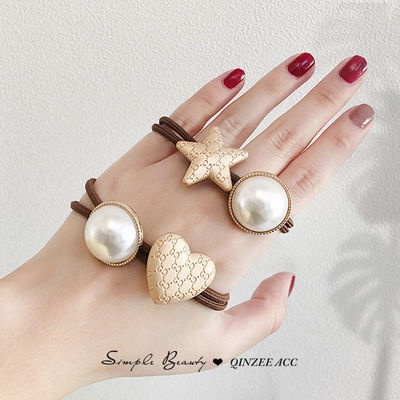 Dây Cột Tóc Co Giãn Đính Ngọc Trai Hình Trái Tim Phong Cách Retro Đơn Giản Cho Nữ