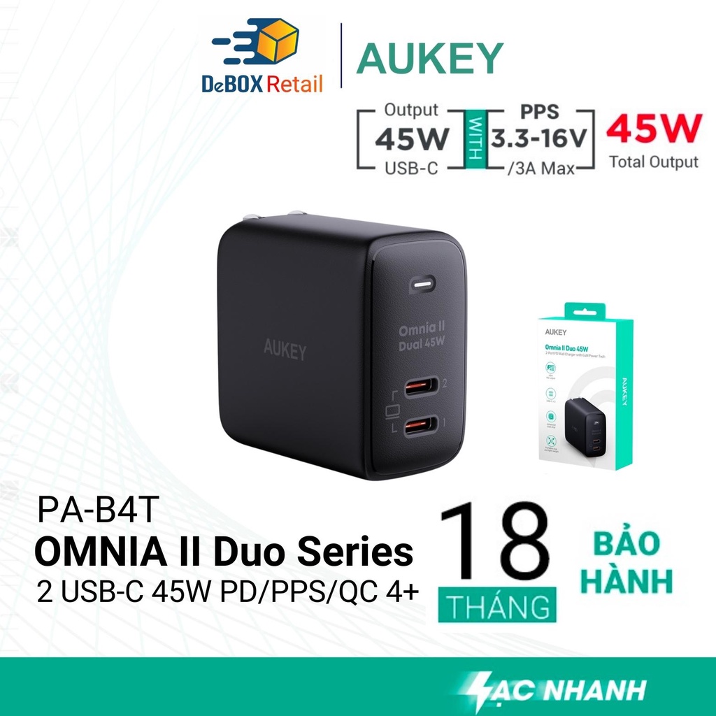 Sạc siêu nhanh 2 cổng AUKEY PA-B4T Omnia ll Duo 45W GAN Hổ trợ công nghệ PD/PPS/QC 4.0 cho Laptop - Hàng Chính Hãng