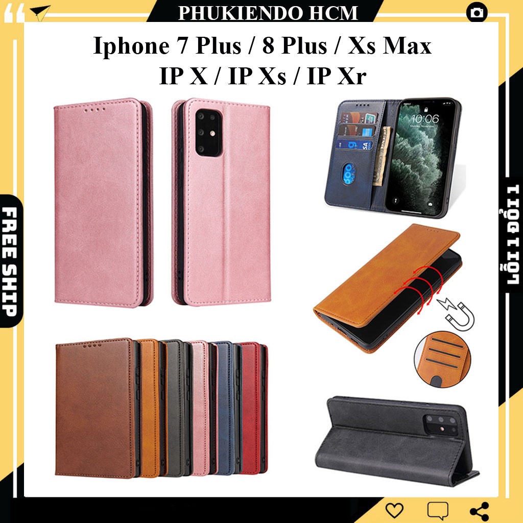 Bao da Iphone 7 plus, IP 8 Plus, IP X, IP Xs, IP Xr, IP Xs max dạng ví nắp gập từ tính nam châm ngăn đựng thẻ