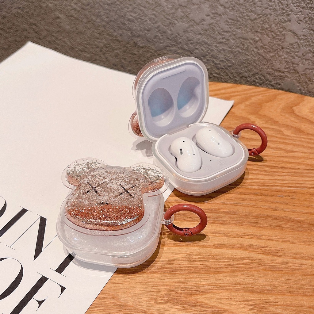 Vỏ Bảo Vệ Hộp Sạc Tai Nghe Bluetooth Không Dây Samsung Buds Pro Galaxy Buds 2 Hình Gấu Hồng Có Nước Kim Tuyến Lấp Lánh