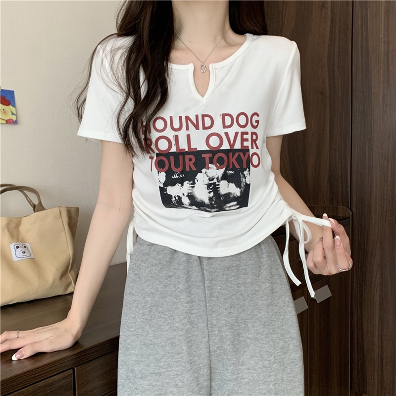 Áo thun PEWARN tay ngắn dáng ôm thiết kế dây rút phong cách harajuku Hàn Quốc cho nữ