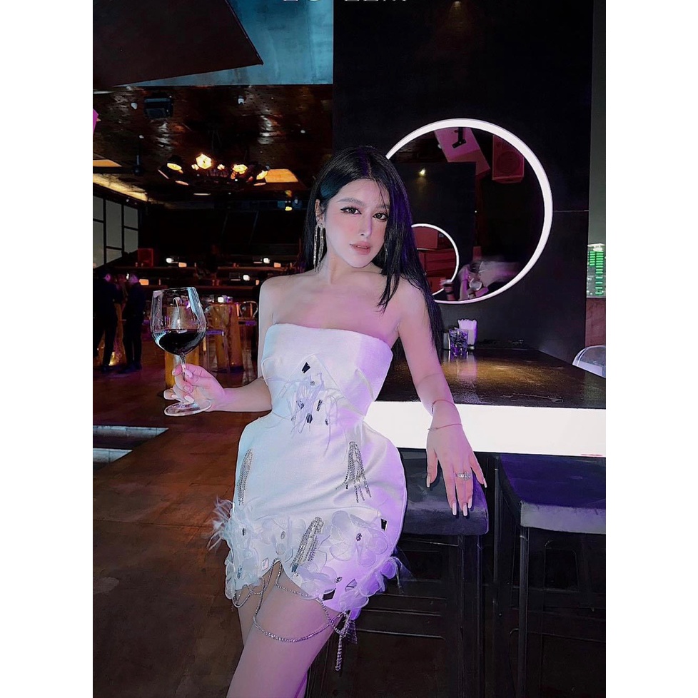 ĐẦM ĐEN CÚP NGỰC PHỒNG HÔNG ĐÍNH LÔNG VŨ + ĐÁ SBHN