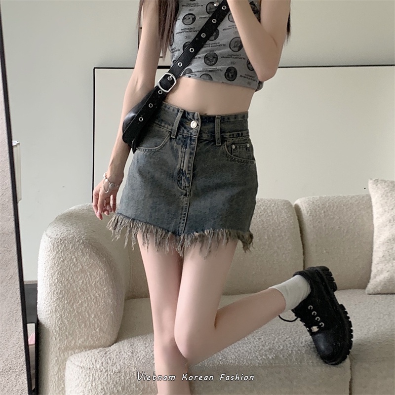 chân váy jean đầm denim lưng cao phối tua rua phong cách retro thời trang cho nữ