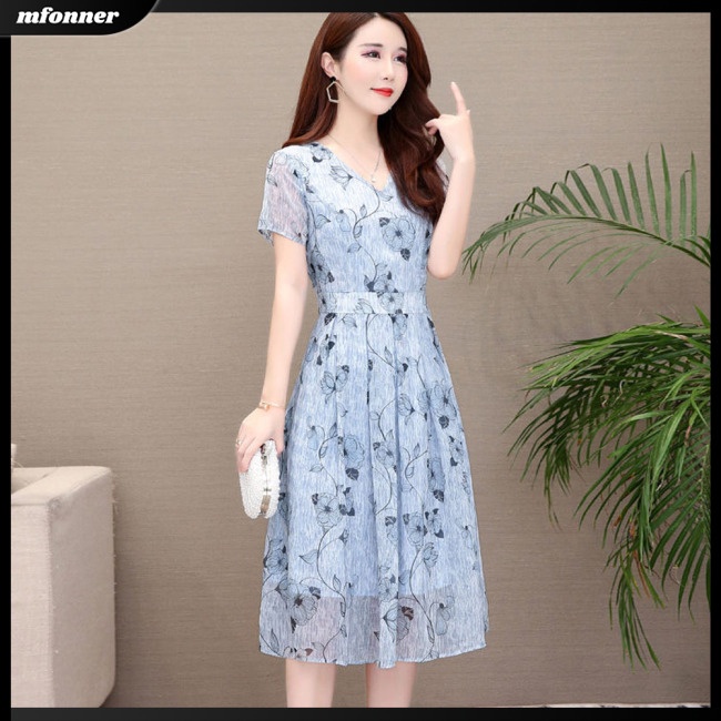 Đầm Dài Tay Ngắn Cổ Chữ V Họa Tiết Hoa Thanh Lịch Cho Nữ