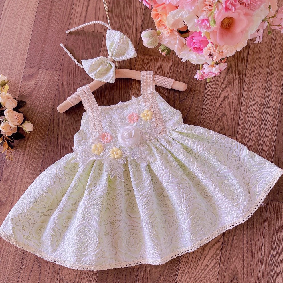 Đầm gấm lụa xanh hai dây 5-12kg