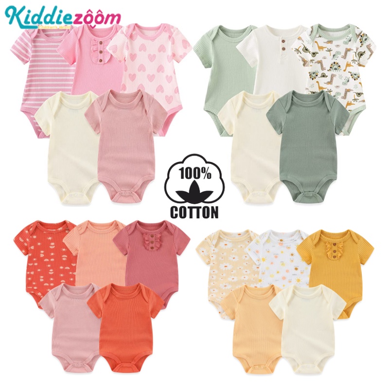 Set 5 Bộ Áo Liền Quần Tay Ngắn Màu Trơn Họa Tiết Chấm Bi / Hoa Xinh Xắn Cho Bé Sơ Sinh