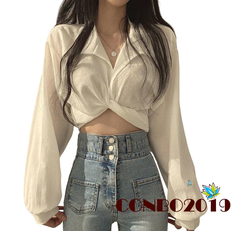 Áo Croptop Tay Dài Cổ Chữ V Màu Sắc Thanh Lịch Cho Nữ