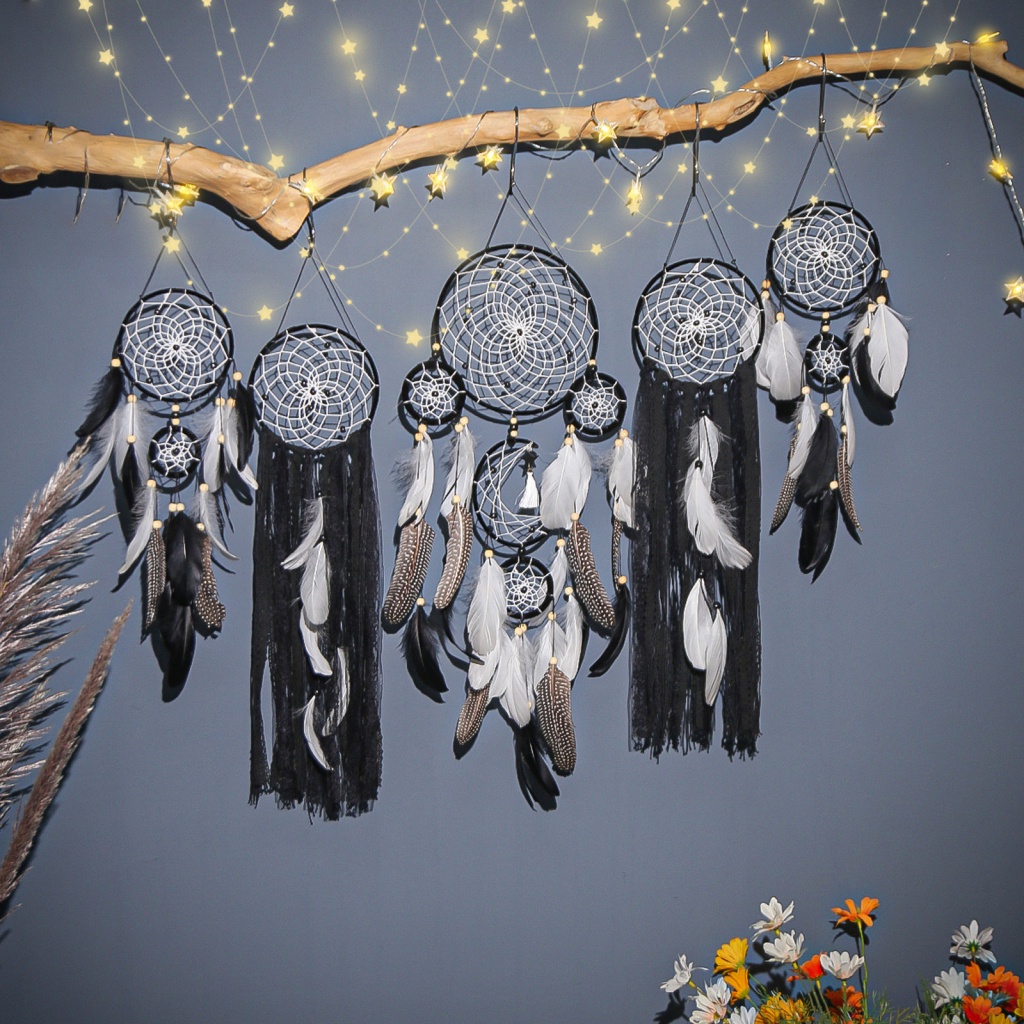Set 5 Dreamcatcher Bằng Sắt Phối Lông Vũ Nhiều Màu Kích Thước 25X37X4Cm Treo Tường Trang Trí Nhà Cửa