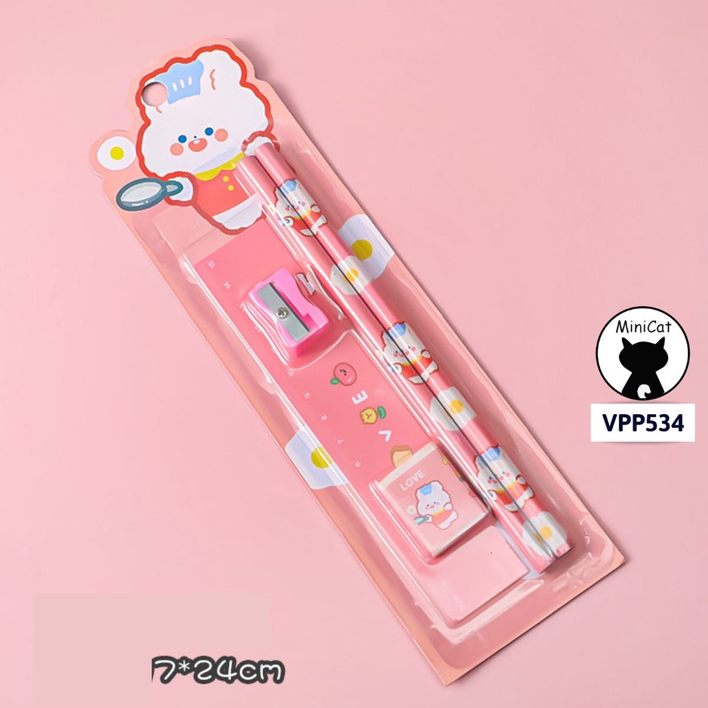 Bộ dụng cụ học tập 5 món gồm bút chì + tẩy + thước kẻ + gọt bút chì cho học sinh dễ thương MiniCat VPP534