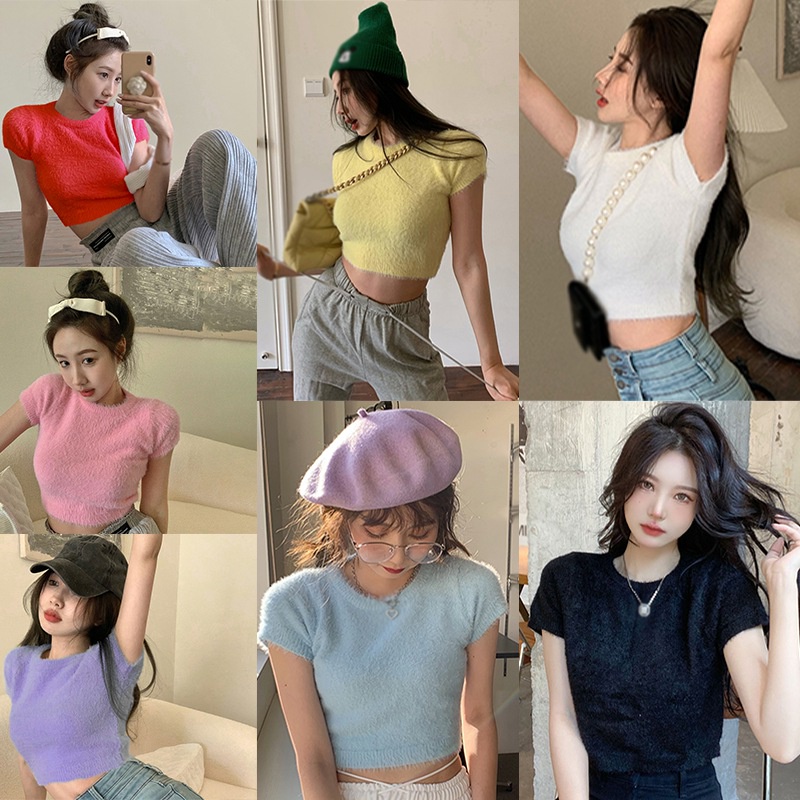 Áo Croptop Dệt Kim Cổ Tròn Màu Sắc Đơn Giản Phong Cách Hàn Quốc Cho Nữ
