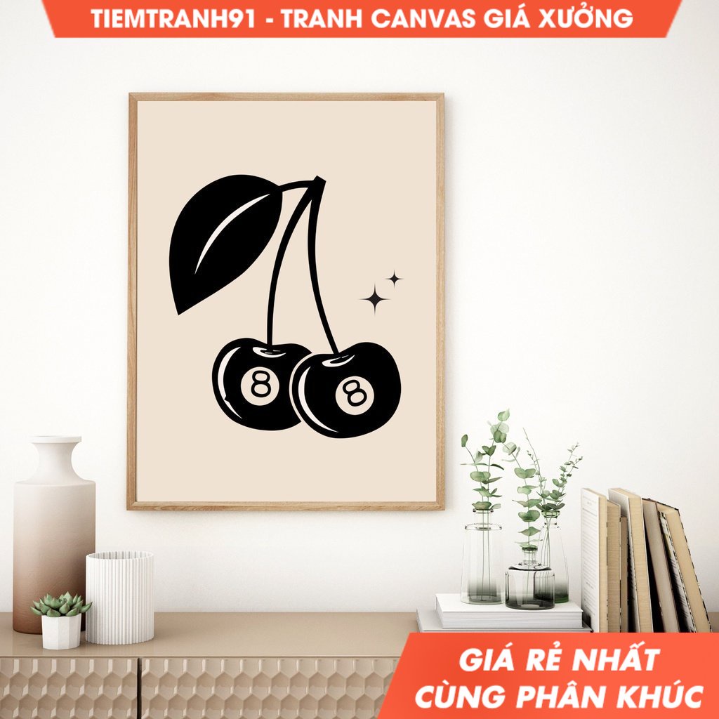 Tranh treo tường Trendy Retro 8 Ball Cherries Illustration, Vintage Wall Art ,Modern Kitchen Decor, 