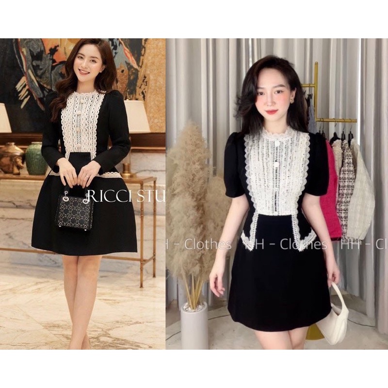 ẢNH THẬT IB Chọn size - Váy đi tiệc màu đen dáng xoè sang chảnh phối ren cổ đính đá thanh lịch xịn xò