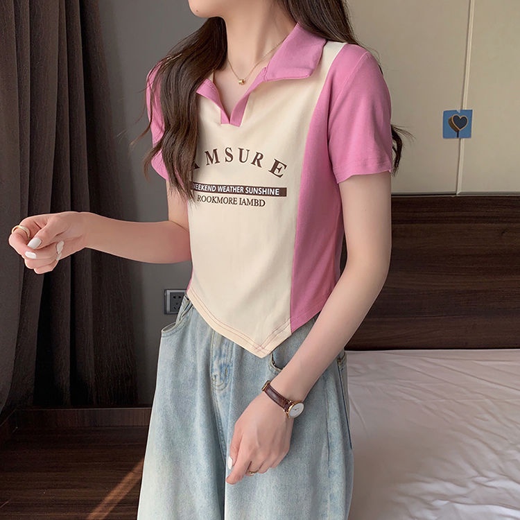 COZOK Áo polo Ngắn Tay In Chữ Ôm Dáng Thiết Kế Lệch Tà Cá Tính