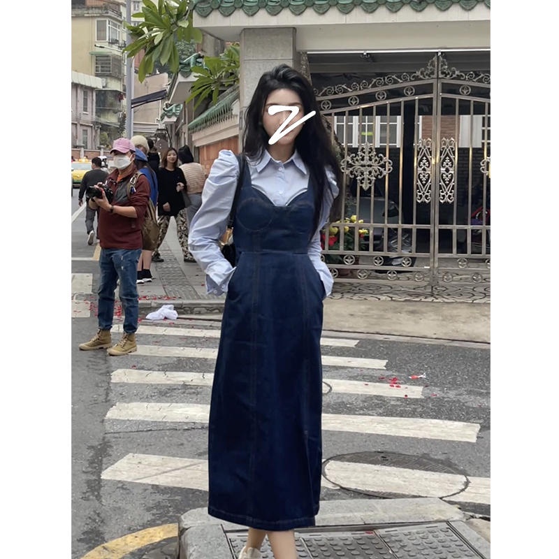Set Đồ Nữ Váy Yếm Jean Yếm Bò Đầm Denim Dáng Dài Qua Gối, Áo Sơ Mi Kiểu Nữ Tay Phồng Set Đồ Nữ Đi Chơi SD227