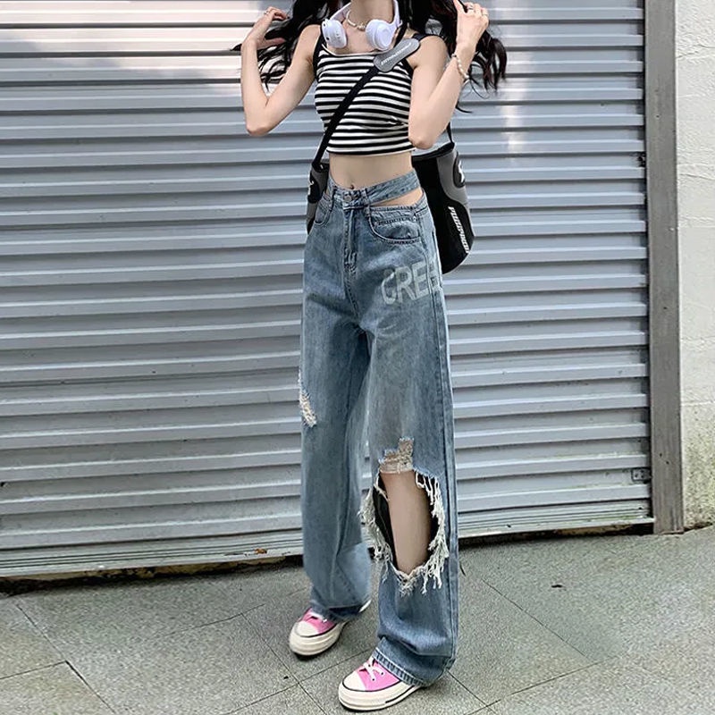 Jiashucheng Quần Jean Dài Lưng Cao Ống Rộng Phối Rách Cá Tính Dành Cho Nữ