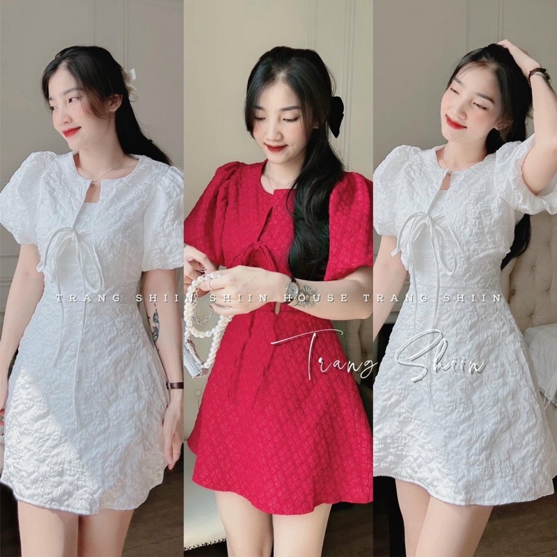 SET ĐẦM GẤM HAI DÂY KÈM ÁO KHOÁC TAY NGẮN PHỒNG BUỘC NƠ