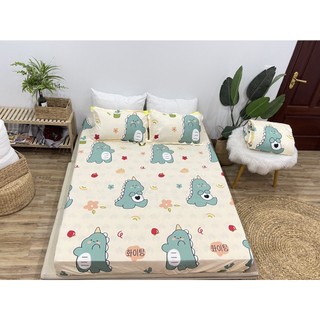 Combo 3 món bộ ga gối cotton poly 1m2 1m4 1m5 1m6 1m8 mẫu khủng long trắng