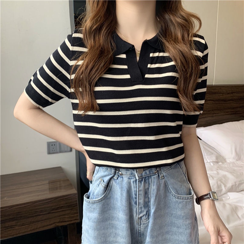 Áo Thun POLO Ngắn Tay Họa Tiết Sọc Ngang Thời Trang Dành Cho Nữ