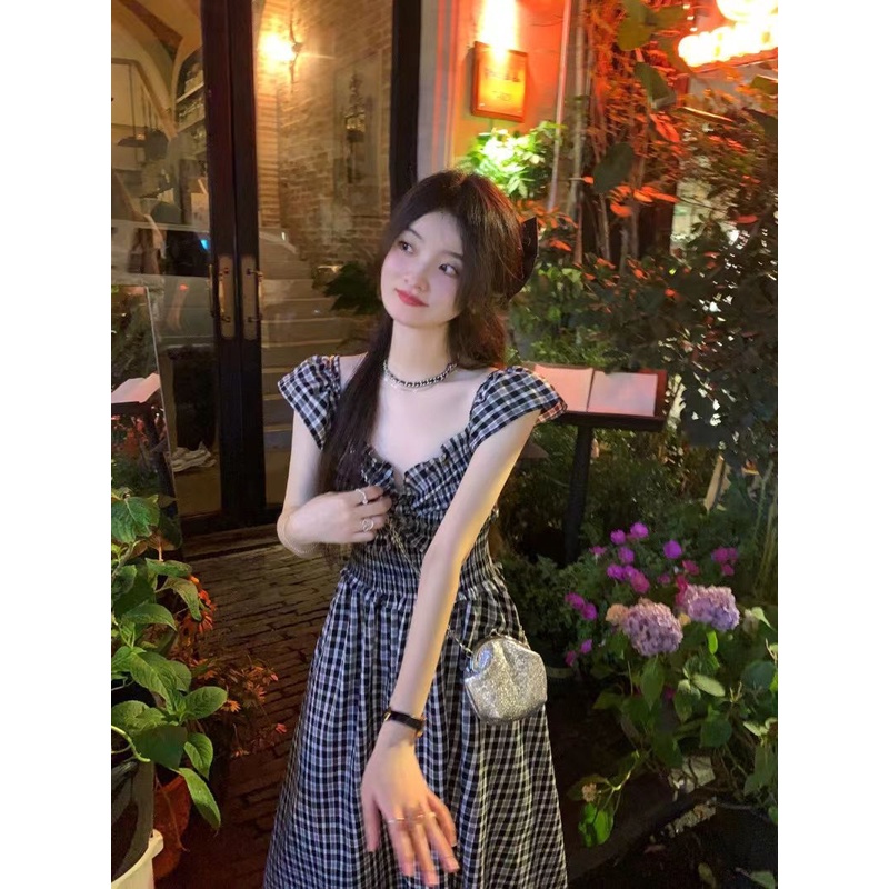 COZOK Đầm Ngắn Tay Cổ Chữ V Phối Bèo Họa Tiết Caro Nữ Tính