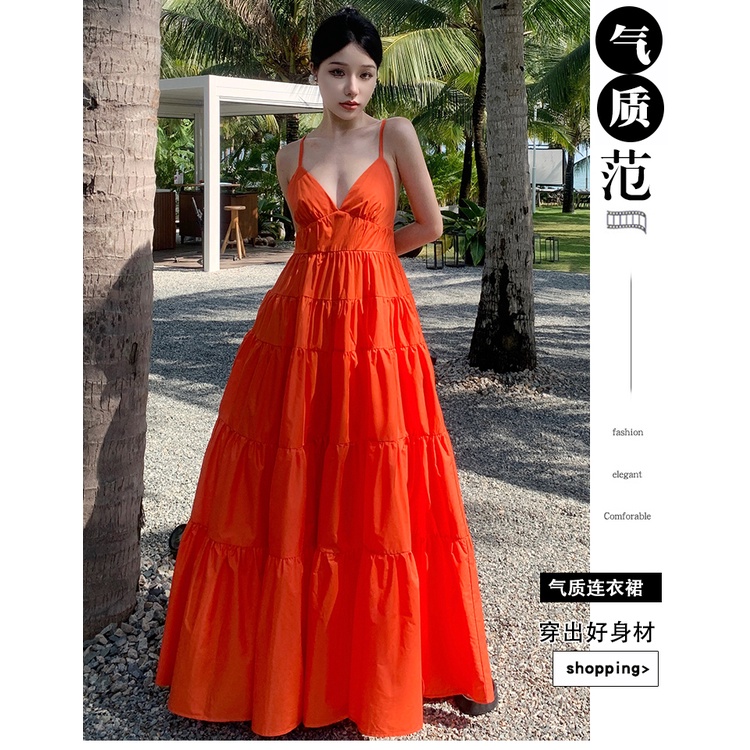 Đầm Hai Dây Đi Biển Màu Cam Siêu Nữ Tính Phong Cách Mới