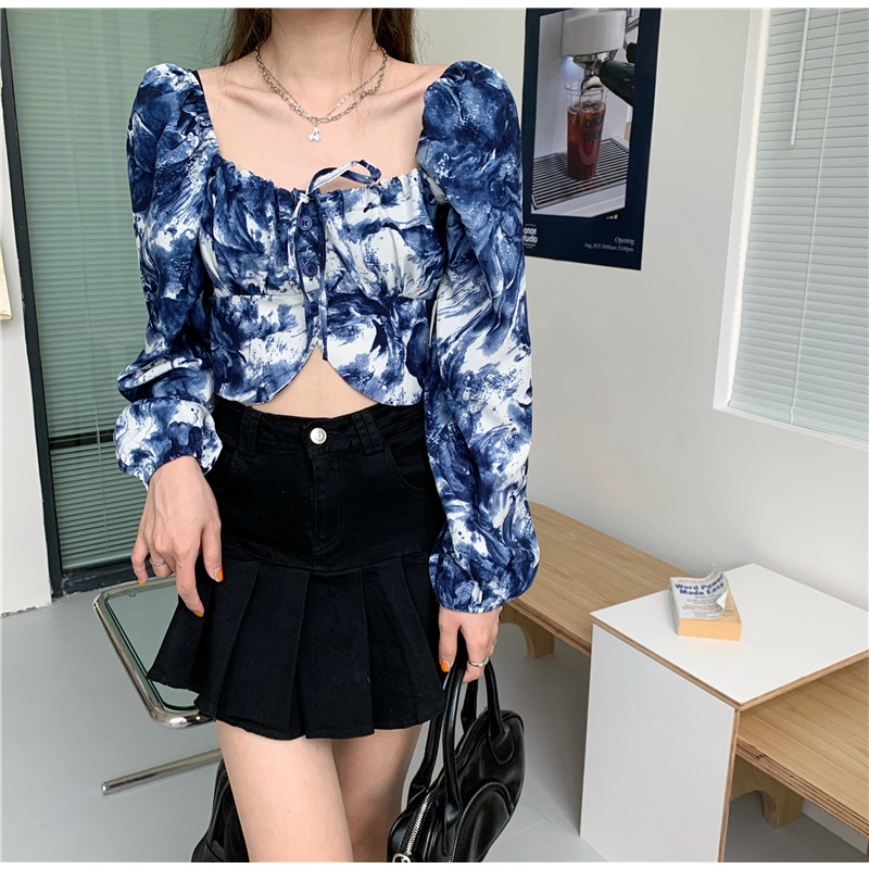 Áo Kiểu Tay Phồng Dài Cổ Vuông Nhuộm Màu Phong Cách Retro Thời Trang Mùa Xuân Cho Nữ