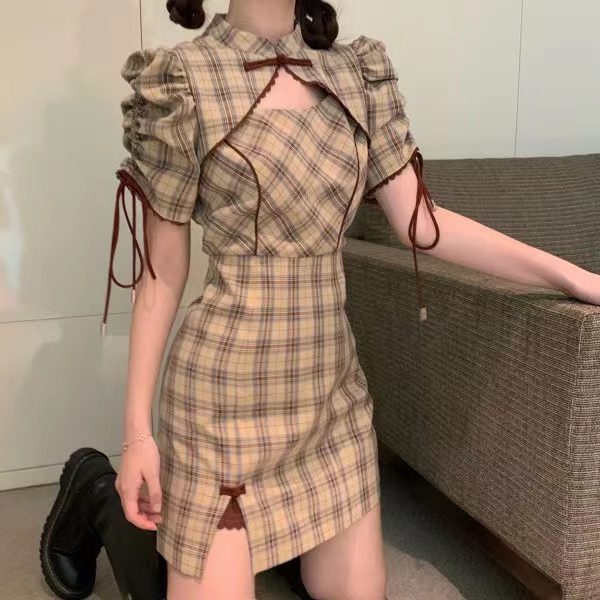 Đầm Ngắn Dáng Ôm Họa Tiết Ca Rô Thiết Kế Xẻ Tà Thời Trang Mùa Hè Kiểu Mới Quyến Rũ