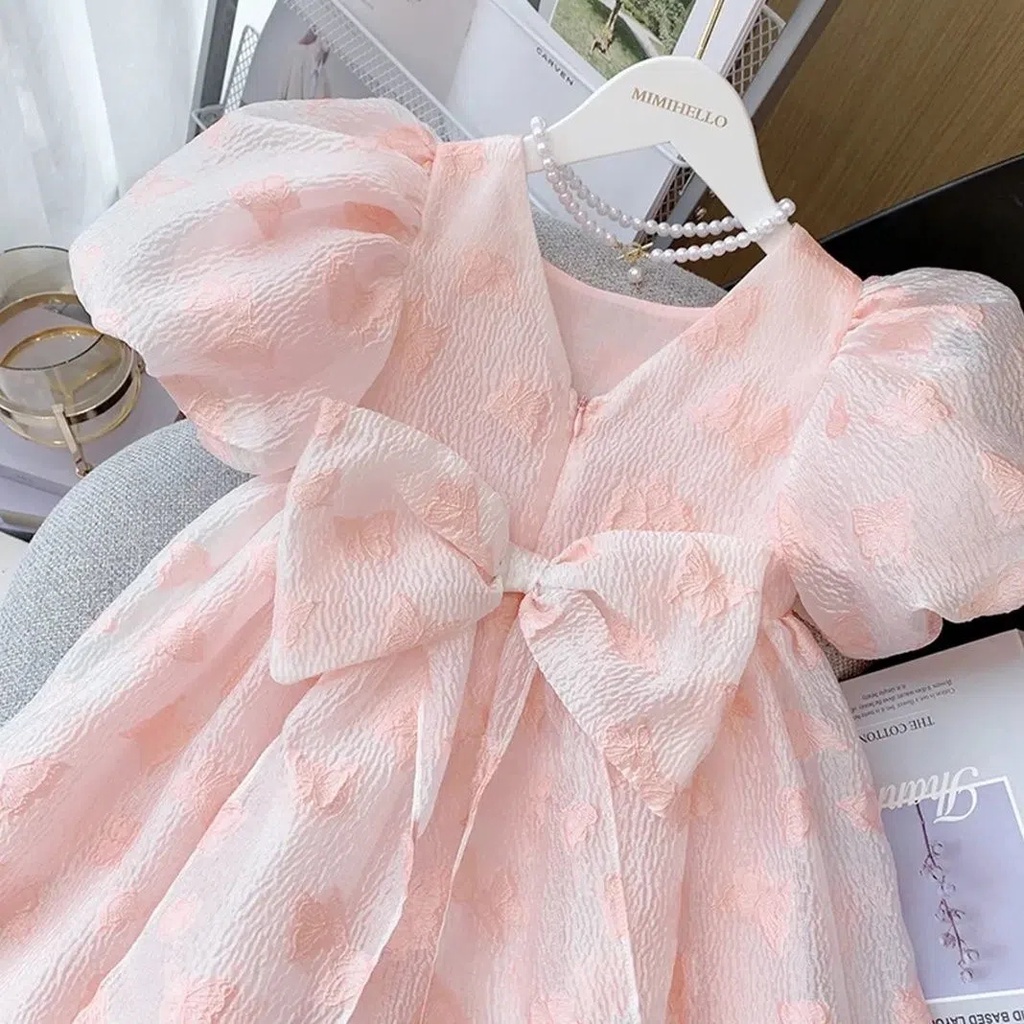 Đầm Công Chúa Tay Phồng Đính Nơ Thời Trang Cho Bé Gái 0-9 Tuổi