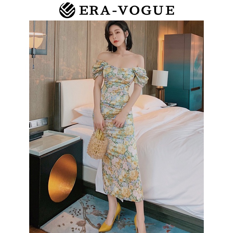 Eravogue🌷 Đầm sa tanh Dáng Dài Cổ Vuông Hở Vai In Họa Tiết Hoa Phong Cách Hàn Quốc Cổ Điển Dành Cho Nữ 3816