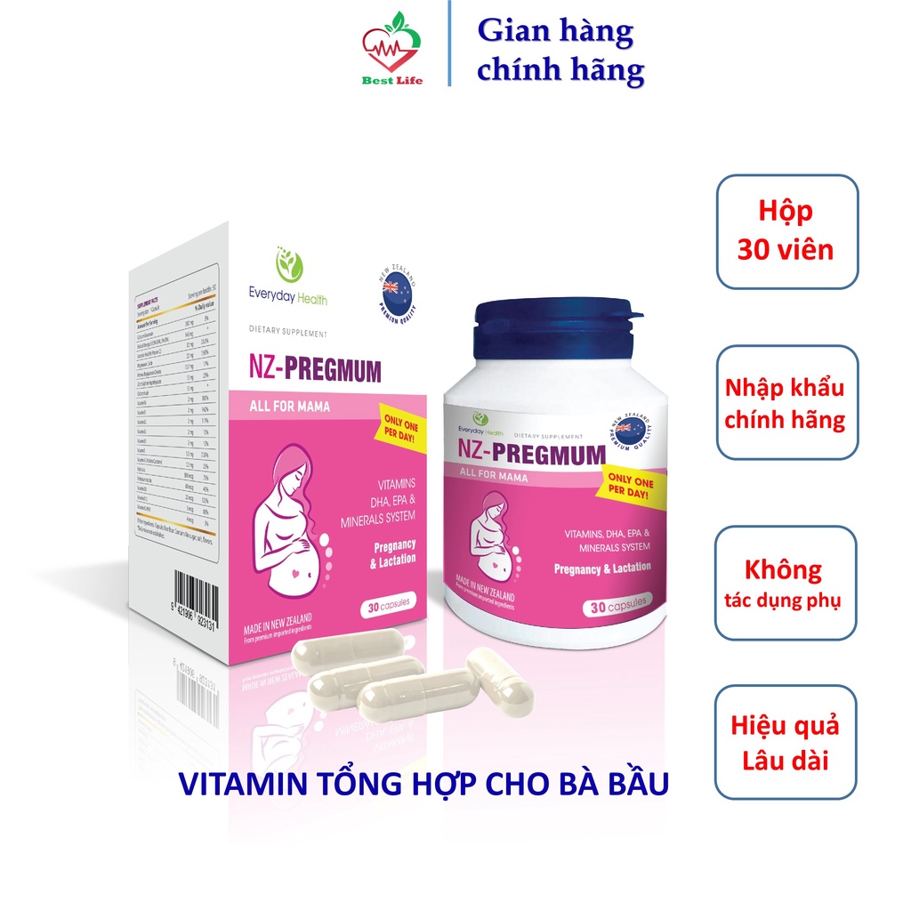 Bổ bầu Everyday health NZ-Pregmum Vitamin tổng hợp cho phụ nữ mang thai và cho con bú nhập khẩu new zealand hộp 30 viên