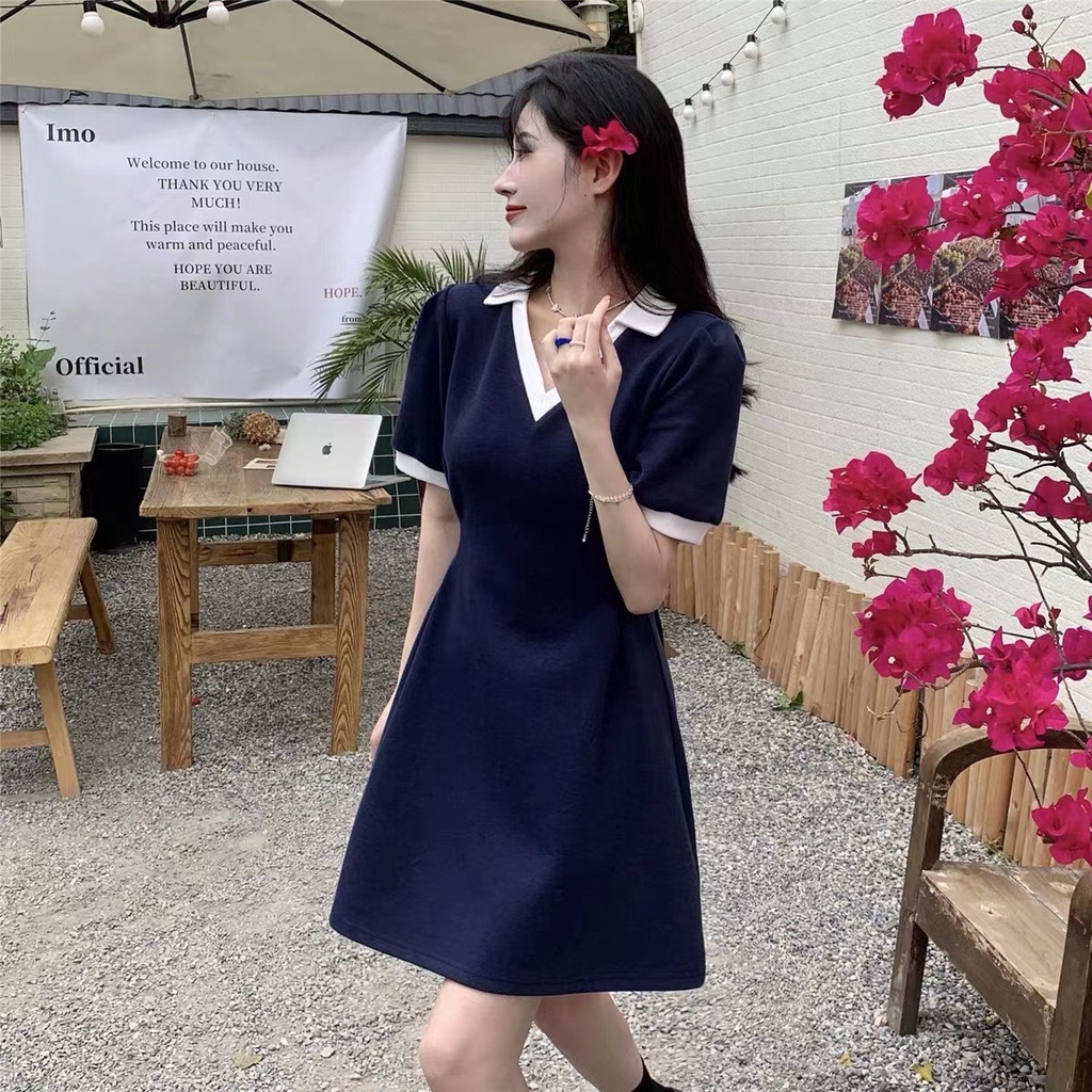 Đầm cổ V trắng màu xanh coban style Hàn Quốc, Váy chữ A cổ V màu sắc đơn giản thời trang cho nữ