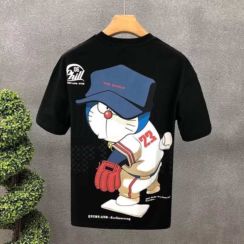 Áo Thun Đen Tay Ngắn Cổ Tròn In Hình Doraemon Phong Cách Đường Phố Cho Nam