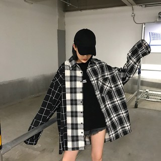 [ORDER] Áo khoác POLO sơ mi - Jacket ulzzang oversize unisex Hàn - Áo kẻ caro ulzzang phối màu đen trắng