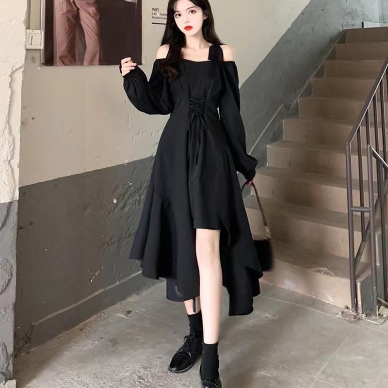 IELGY  Đầm Hai Dây Lưng Cao Cỡ Lớn Phong Cách hepburn Thời Trang Cho Nữ