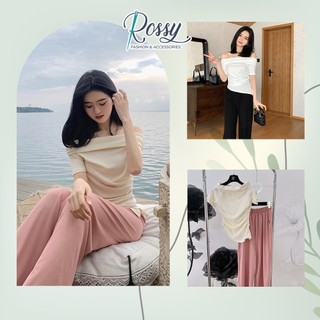 Set áo bẹt vai kèm quần suông hồng đen Rossy Fashion - SR180