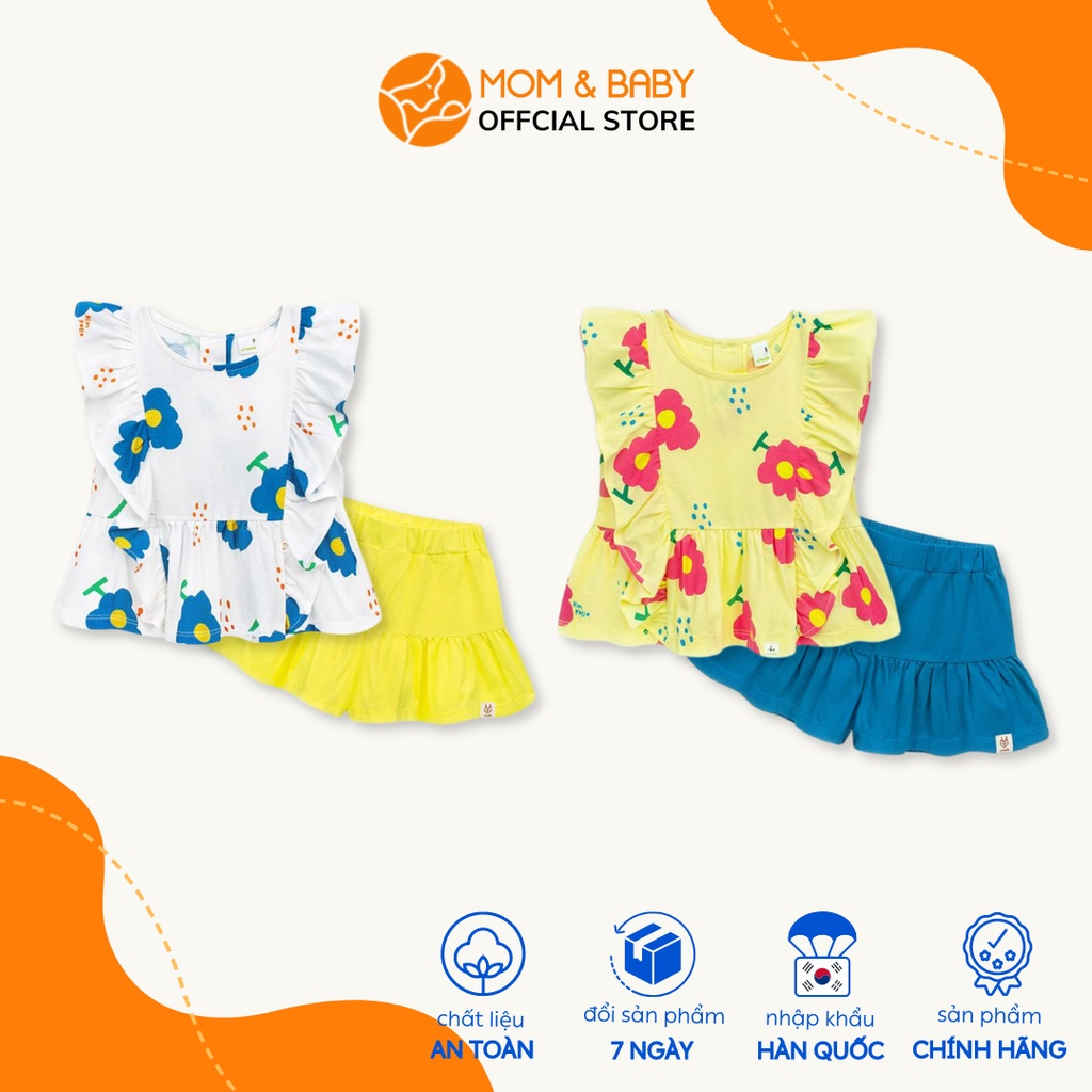 Set đồ bộ short thun cotton bé gái Pimpollo thương hiệu Hàn Quốc áo cánh dơi tay bèo màu vàng, xanh MOM & BABY KLEBE04
