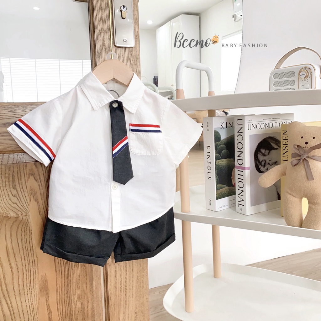 Set bộ sơ mi trắng bé trai Beemo 3 chi tiết áo sơ mi sọc kèm cà vạt quần đùi đen - STB 62